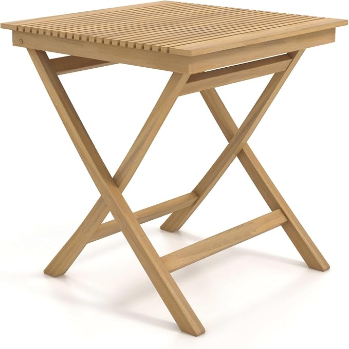 Tangkula 27.5 Inch Teak Wood Patio Dining Table, Square Outdoor Bistro Table with Slatted Tabletop, Sturdy Wood Frame & Thickened Top, Teak Outside Dining Table for Balcony, Deck, Porch, Backyard