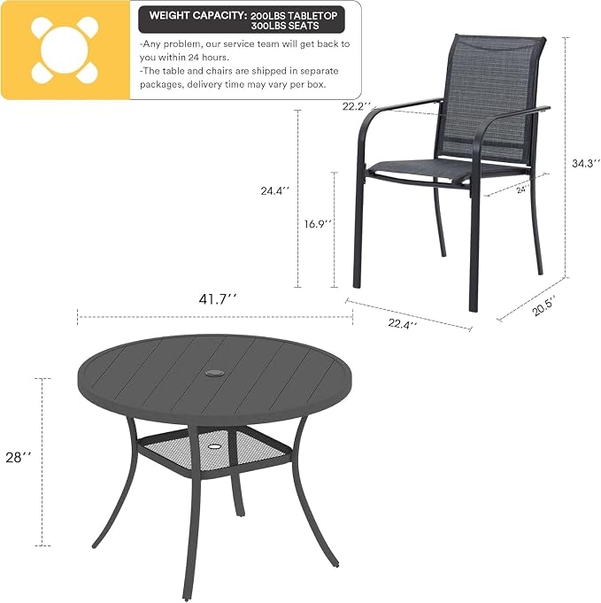 VICLLAX 5 Pieces Patio Dining Set, Outdoor Furniture Set Includes 41.2" Round Patio Table and 4 Patio Sling Chairs, Grey Tabletop and Dark Grey Fabric