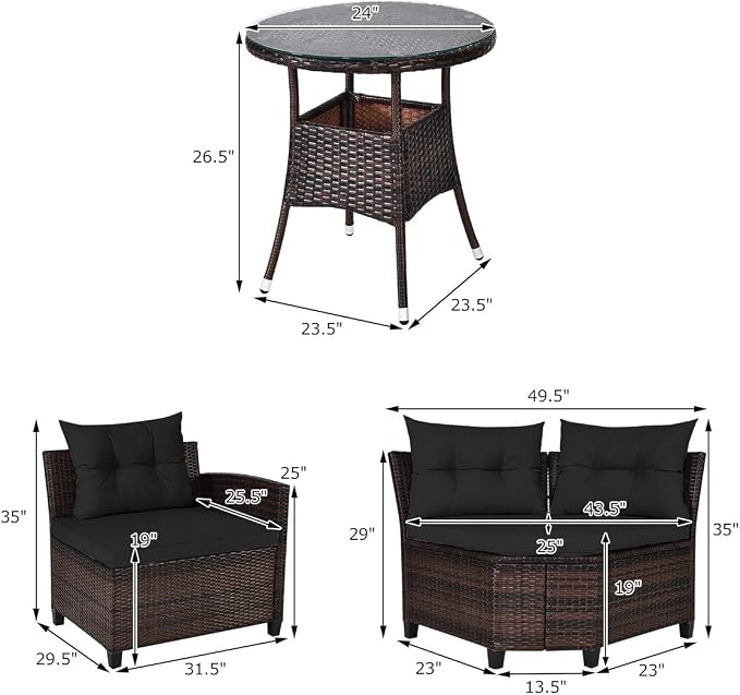 HAPPYGRILL 4 Pieces Rattan Patio Conversation Set, Outdoor Wicker Furniture Set with Cushioned Sofas and Coffee Table, L-Shape Sectional Curved Sofa Set for Garden Poolside Balcony