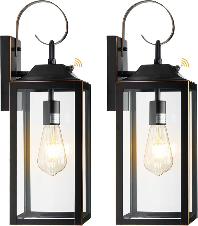 19" Dusk to Dawn Outdoor Lighting Porch Lights Black with Gold Trim 2 Pack | Large Outdoor Wall Lights, Sensor Exterior Lighting Fixtures, Toughened Glass, E26 Socket, Waterproof for House Garage
