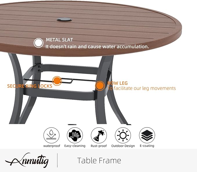Brown Metal Slat Top 41" Outdoor Patio Round Dining Table with Black Frame | Wood-like Brown Slat Top, Black Frame, All Weather, 1.57-1.9 inch Adjustable Umbrella Hole, 3.4ft, 4 Person