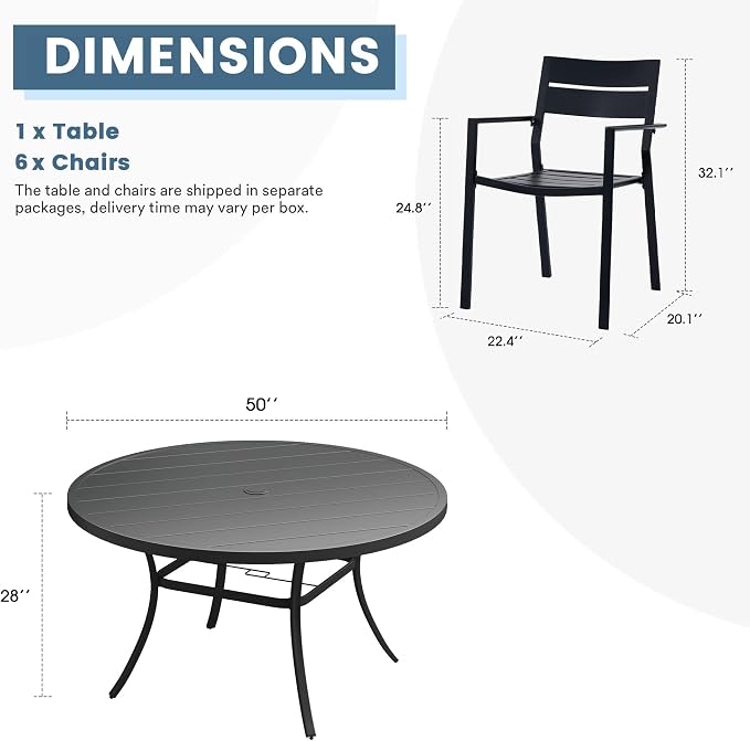 DIFY 7 Piece Outdoor Patio Dining Set for 6, Patio Table and Chairs Set with Umbrella Hole, 50" Round Dining Table and Stackable Metal Chairs for Backyard Garden Poolside, Black