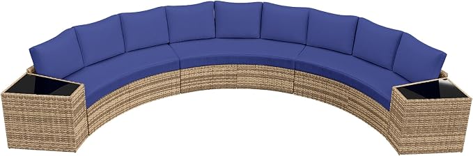 PaPaJet 11-Piece Patio Furniture Set with Large Storage Wedge Table, Half-Moon Wicker Sectional Sofa with Cushions, Waterproof Rattan Outdoor Conversation Set for Beach, Pool, Garden & Balcony, Blue