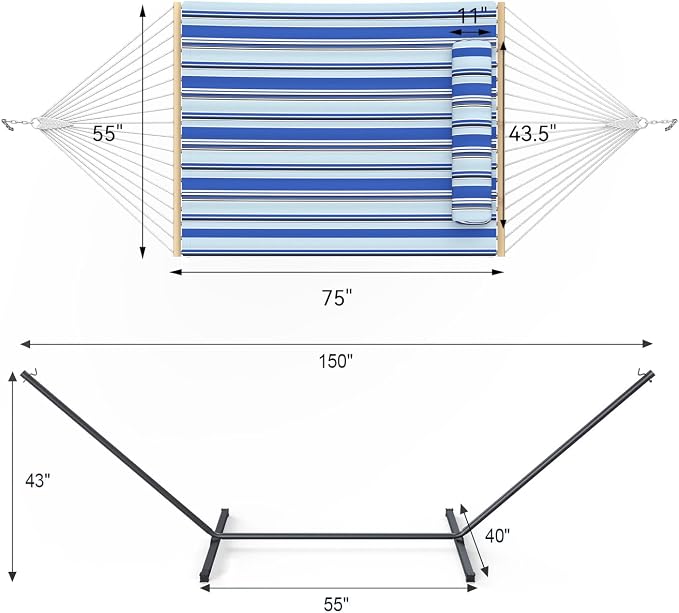 Everyfun 2 Person Hammock with Stand, Heavy Duty Double Cotton Rope Hammock with Removable Quilted Pad & Pillow, 500 LBS Adjustable Steel Frame, Tool-Free, Carry Bag for Outside Patio Yard, Blue