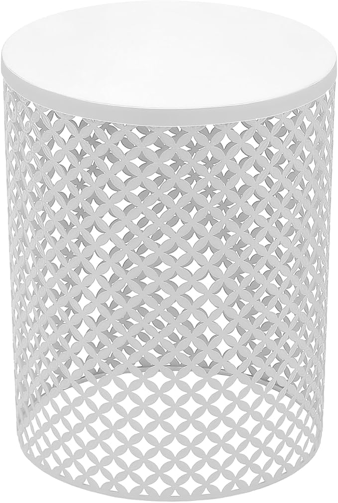 2 Pcs Metal Outdoor Side Table Set, Space-Saving Accent Table with Vintage Openwork Design, Modern Round End Table for Patio, Balcony, Living Room (White)