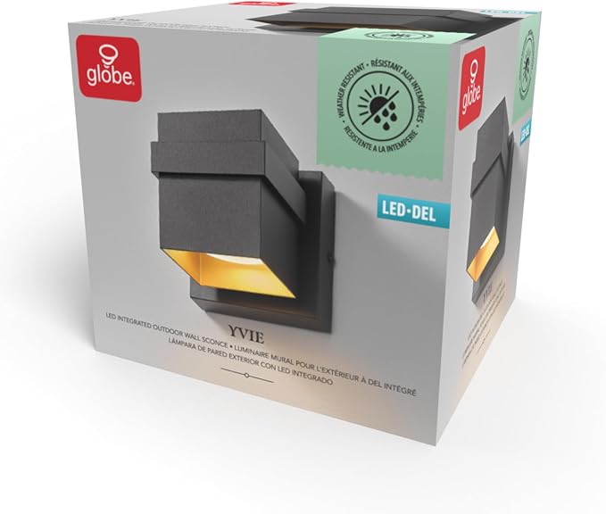 Globe Electric 60000022 11.5W LED Integrated Outdoor Wall Sconce, Matte Black, Gold Accent, 400 Lumens, 3000 Kelvins, 90 CRI, Front or Back Porch Decor, Modern Minimalist Exterior Lighting