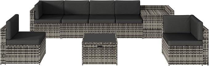 Aoxun 8-Piece Patio Furniture Set, Wicker Outdoor Sectional Sofa with Large Storage Table & Waterproof Cover, Patio Conversation Set for Backyard and Garden (Grey/Black)