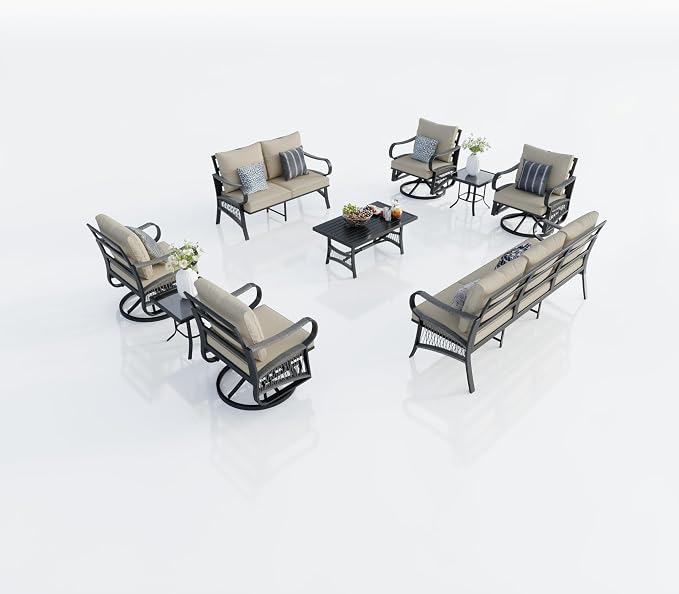 9 Pieces Patio Conversation Sets, All-Weather Metal Swivel Rocking Chairs with Rope Furniture Set, Outdoor Sofa Couch for Deck, Porch, Garden, Backyard, Poolside (Beige Cushions)