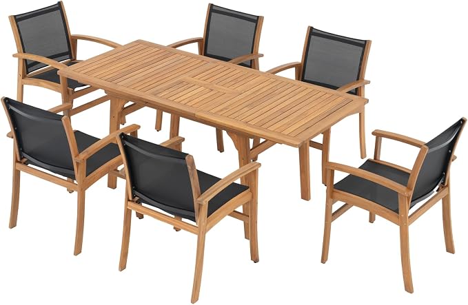 SUNSITT 7-Piece Outdoor Patio Dining Set, 55" - 71" Acacia Wood Expandable Table & 6 Breathable Textilene Mesh Chairs, All-Weather Patio Furniture w/Umbrella Hole for Backyard, Deck, Garden, Black