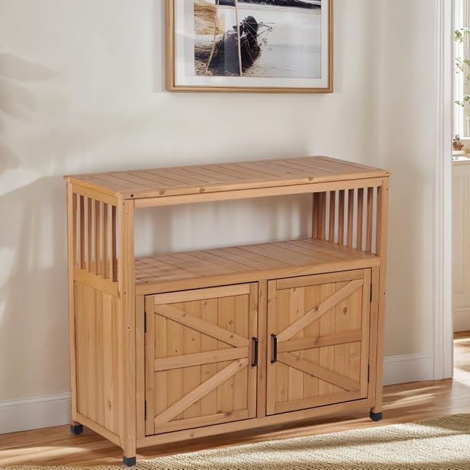 Outdoor Storage Cabinet, Patio Cabinet, Solid Wood Outdoor Console Table, Light Brown Slatted Fir Wood Outdoor Buffet Table, Serving Station, Bar Counter, 220 lb Capacity