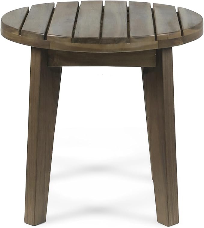 Round Patio Side Table Acacia Wood End Table with Slat Panel Design Rustic Outdoor Accent Table for Garden Backyard Pool Deck Living Room Weather Resistant Easy Maintenance, Gray