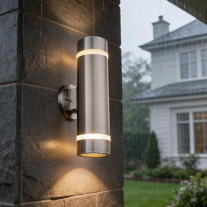 15" Stainless Steel Modern Outdoor Wall Sconce Cylinder Porch Light | E26 Base,UL listed,Brushed Nickel Up and Down Lights Outdoor Exterior Lighting Fixture for House Garage Patio Porch Garden