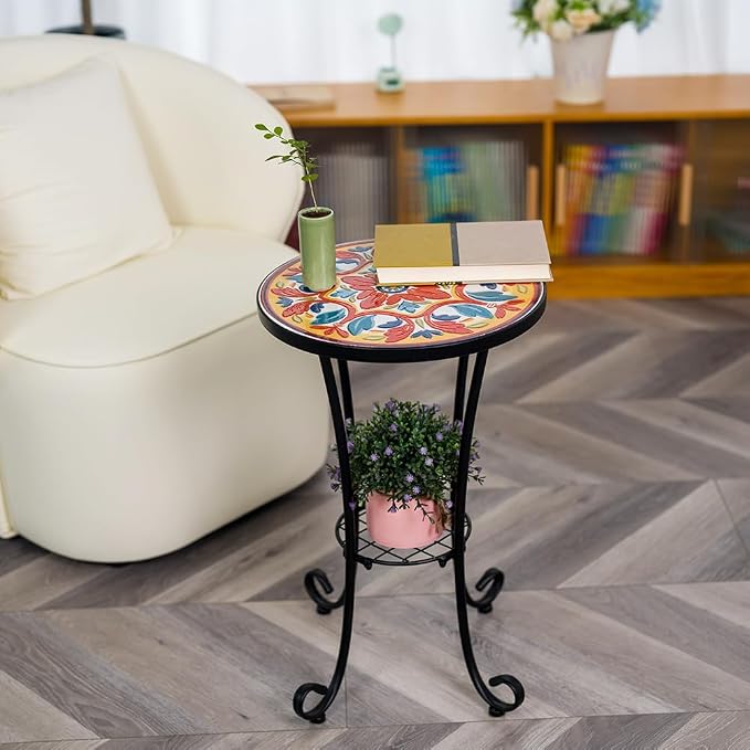 14 Inch Mosaic Patio Side Table with Scroll Legs, Indoor Outdoor Accent Round End Table with Ceramic Tile Tops for Yard, Garden, Living Room, Bistro, B - Mediterranean Floral Pattern