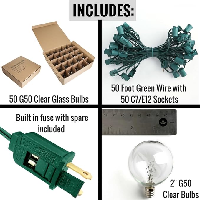 G50 Clear 2 Inch Light Bulbs with C7 Stringer 18 Gauge (Green Wire, 50')