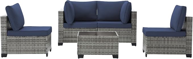 CANMOV 5 Pieces Patio Furniture Sets, All Weather Outdoor Patio Conversation Set, PE Wicker Rattan Sectional Sofa Couch Glass Coffee Table Washable Cushions for Backyard, Porch, Poolside, Navy Blue