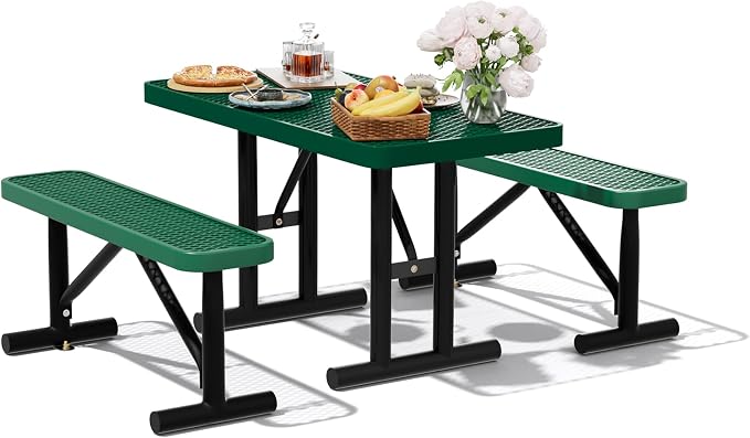 4FT Outdoor Metal Picnic Table with 2 Benches,Heavy Duty Rectangular Picnic Table Set for Outside, Waterproof Commercial Restaurant Table Furniture for Park, Campfield, Patio, Garden, Yard