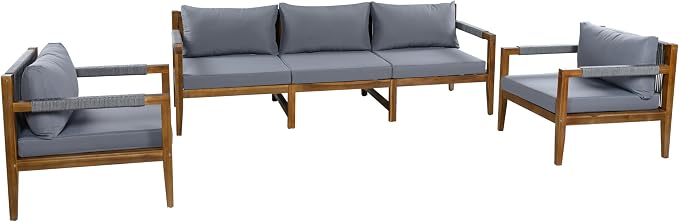 GDFStudio 3 Piece Patio Furniture Set, Acacia Wood Outdoor Sofa Set with Cushions, Rope Woven Conversation Set, 3 Seat Couch & 2 Chairs for Backyard Patio Deck Porch Garden Poolside, Grey