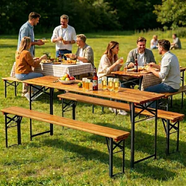 AVAWING 5.8FT 3-Piece Portable Picnic Table Bench Set, 6-8 Person Folding Wooden Dining Table Set,70" Patio Beer Table for Outdoor Activities Garden BBQs Parties Camping