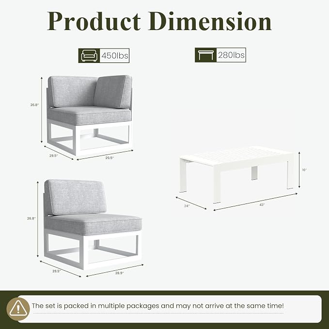 LayinSun 6 Pieces Modern Aluminum Patio Furniture Set with Coffee Table, Outdoor Modular Sectional Conversation Set L-Shaped Sofa for Backyard