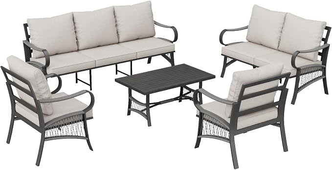 5 Piece Patio Furniture Set, 7 Seat Metal Outdoor Sectional Sofa Set with Thick Cushions, All Weather Patio Conversation Set with Coffee Table for Garden, Porch, Lawn, Beige