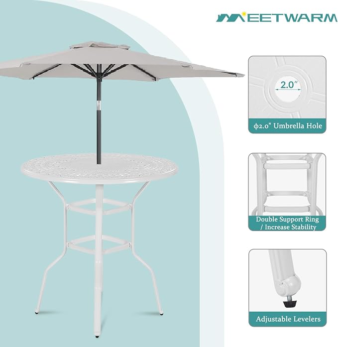 MEETWARM Patio Height Bar Table, 38.5" Bar Height Bistro Table, Outdoor Cast Aluminum Bistro Round High Top Dining Table with 2" Umbrella Hole for Garden Deck Backyard, White