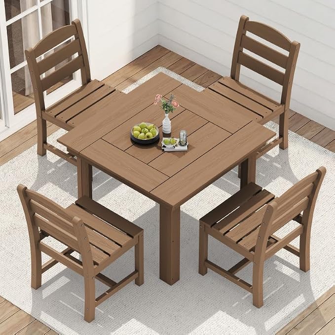 KINGYES 5-Piece HDPE Outdoor Dining Set for 4, Square Patio Table & Armless Chairs with Umbrella Hole, All-Weather Patio Dining Set for Backyard, Garden, Lawn & Poolside, Brown