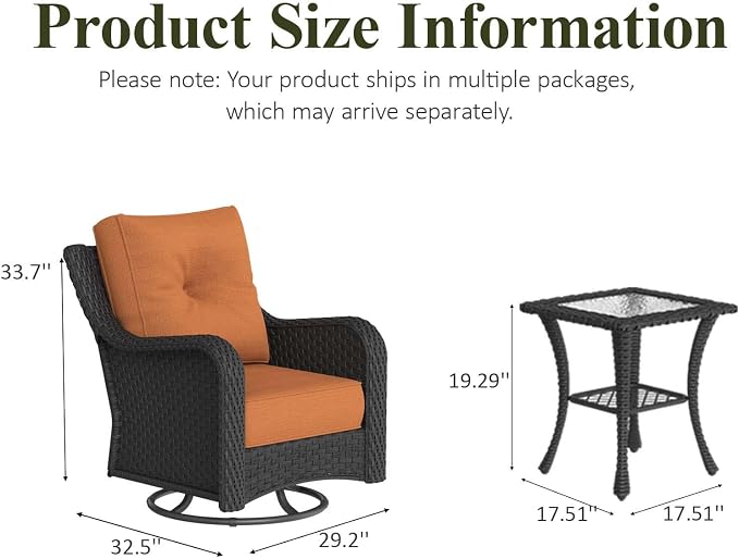 LayinSun 3 Piece Wicker Outdoor Furniture Set with 6-inch Comfy Cushions, High Back Patio Furniture Set with Swivel Rocking Chairs and Side Table
