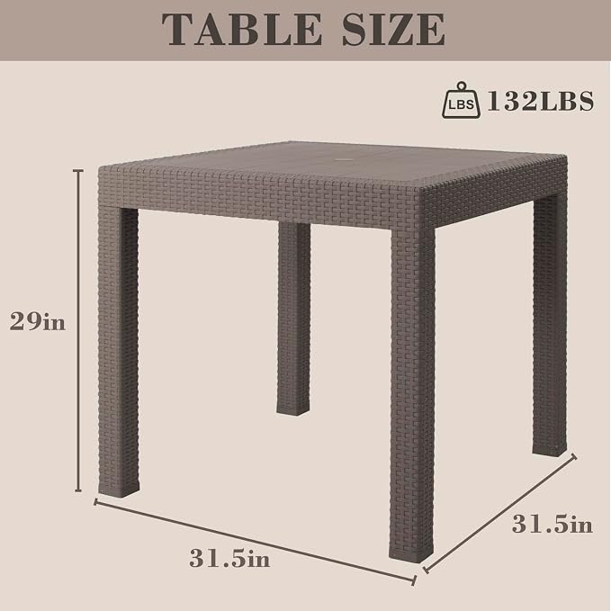 DIMAR GARDEN 5 Piece Patio Dinning Chairs Set, 31.5" Square Table with Umbrella Hole, Resin Dining Chairs with High Back and Armrest, Flax Gray