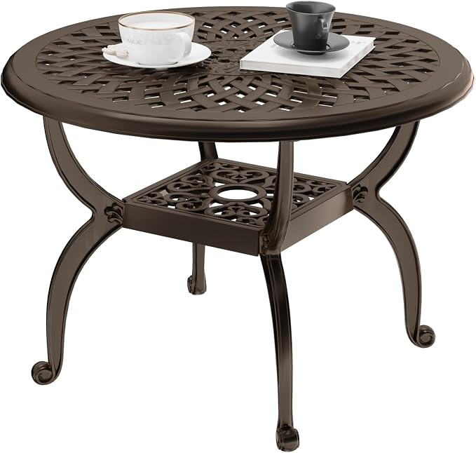 Round Outdoor Coffee Table, Cast Aluminum Side Table with Storage,Indoor End Table, All-Weather Bistro Table for Patio Garden Lawn,Bronze