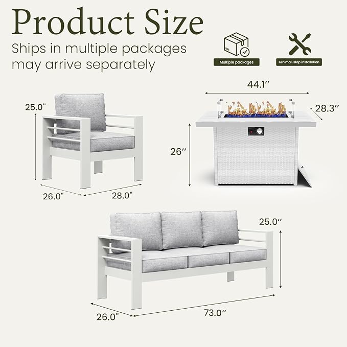 LayinSun Aluminum Furniture Set with Fire Pit Table, 4 Pieces Patio Sectional Conversation Chat Sofa Modern Seating Set