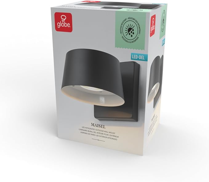 Globe Electric 44782 LED Integrated Outdoor Wall Sconce, Matte Black, 8W, 650 Lumens, 2700 Kelvin, Back Porch Lights, Front Patio, Garage Fixture, Exterior Lighting for House