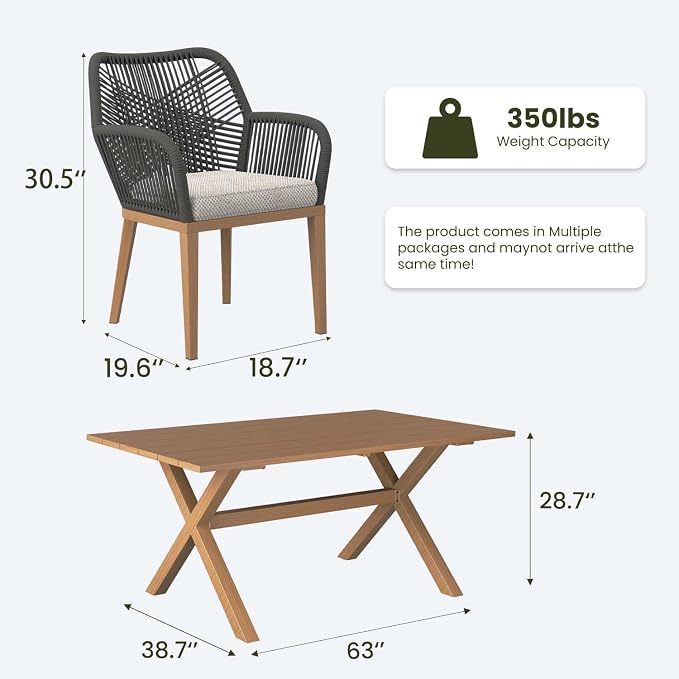 LayinSun Outdoor Dining Set for 6, 7 Pieces Patio Furniture Sets with Aluminum Dining Table and Rope Weave Chairs