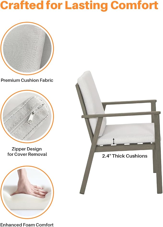 Never-Rust Outdoor Patio Dining Chairs, 2 Pieces Outdoor Aluminum Dining Chairs with Thickened Cushions, Patio Dining Furniture Chairs Set for Garden, Decks, Porch, Pool, Limed Oak
