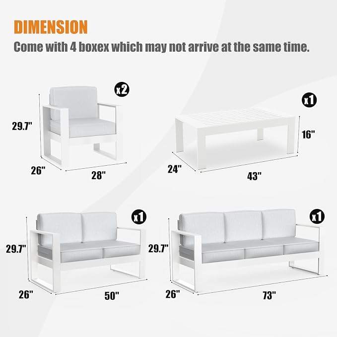 5 Piece Modern Aluminum Patio Furniture Set, Outdoor Patio Sectional Conversation Metal Seating Sets with Olefin Cushion and Coffee Table