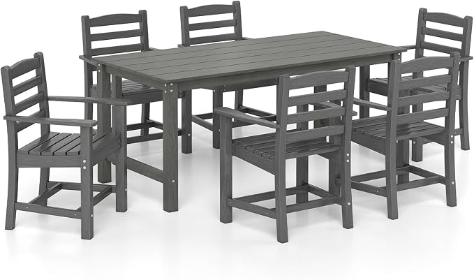 Tangkula 7 Pcs Outdoor Dining Table Set for 6, 67” HDPE Weather-Resistant Patio Rectangle Table & 6 Armchairs w/Curved Seat, Umbrella Hole, Wood Grain, Plastic Dining Furniture (Gray, 7 Pcs)