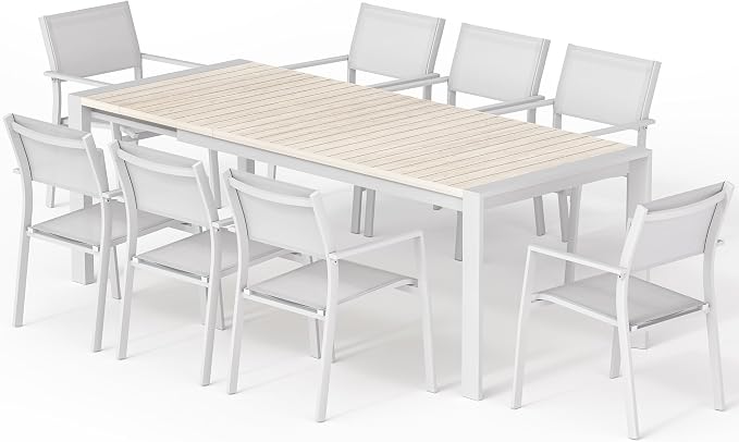 9-Piece Expandable Outdoor Dining Set, 85"-107" Aluminum Extendable Patio Table and Chairs Set for 6-10 Person, Patio Furniture Set with Stackable Textilene Chairs for Yard, Deck and Poolside