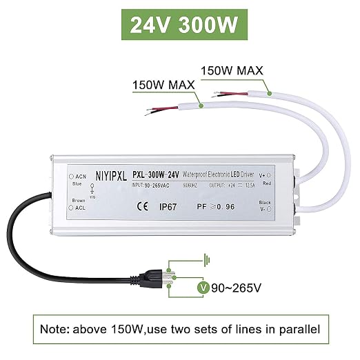 LED Driver 300 Watts(150W X2) 24V DC Transformer, Waterproof IP67 Power Supply, 24V DC Low Voltage Output Adapter with 3-Prong Plug 3.3 Feet Cable for LED Light, Computer Project, Outdoor Light