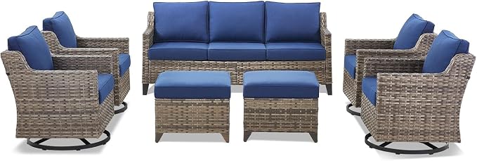 Outdoor Patio Furniture Set-7 Pieces All-Weather Wicker Outdoor Furniture with Swivel Patio Chairs Outdoor Patio Conversation Sets for Garden Porch Deck Grey/Blue