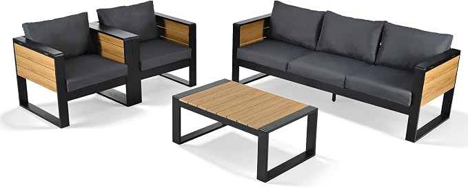 JIVOIT 4-Piece Outdoor Patio Furniture Set for 5 Person, Large Aluminum Frame Conversation Set with 3-Seater Sofa, 2 Armchairs with Fold-Out Side Tables, Modern Garden/Patio Seating, All-Weather Use