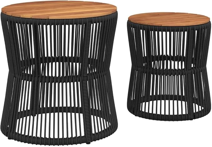 vidaXL Patio Side Tables Set - 2 Pcs, Wooden Top, Black Poly Rattan, Nesting Design, Outdoor Garden Furniture, Elegant & Space-Saving, Acacia Wood Tabletops, Ideal for Backyard or Patio, 19.7" & 15"