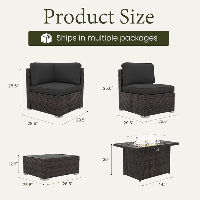 LayinSun 8 Piece Patio Furniture Set with 44" Propane Gas Fire Pit Table, Outdoor Sectional Conversation Set Wicker Rattan Sofa Set with Coffee Table