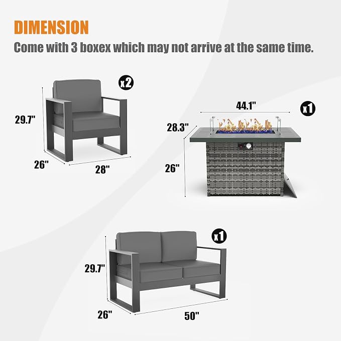 4 Piece Modern Aluminum Patio Furniture Set with Fire Pit Table, Outdoor Patio Sectional Conversation Metal Seating Sets with Olefin Cushion