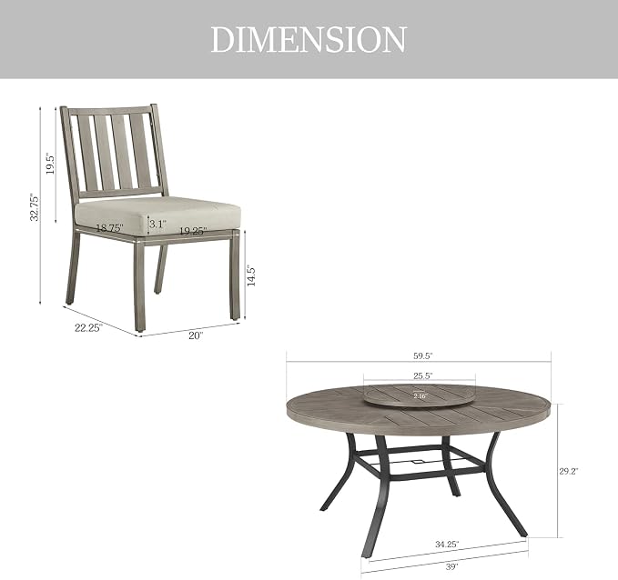 PEAK HOME FURNISHINGS Outdoor Aluminum Dining Set, 60" Round Dining Table with 6 Chairs