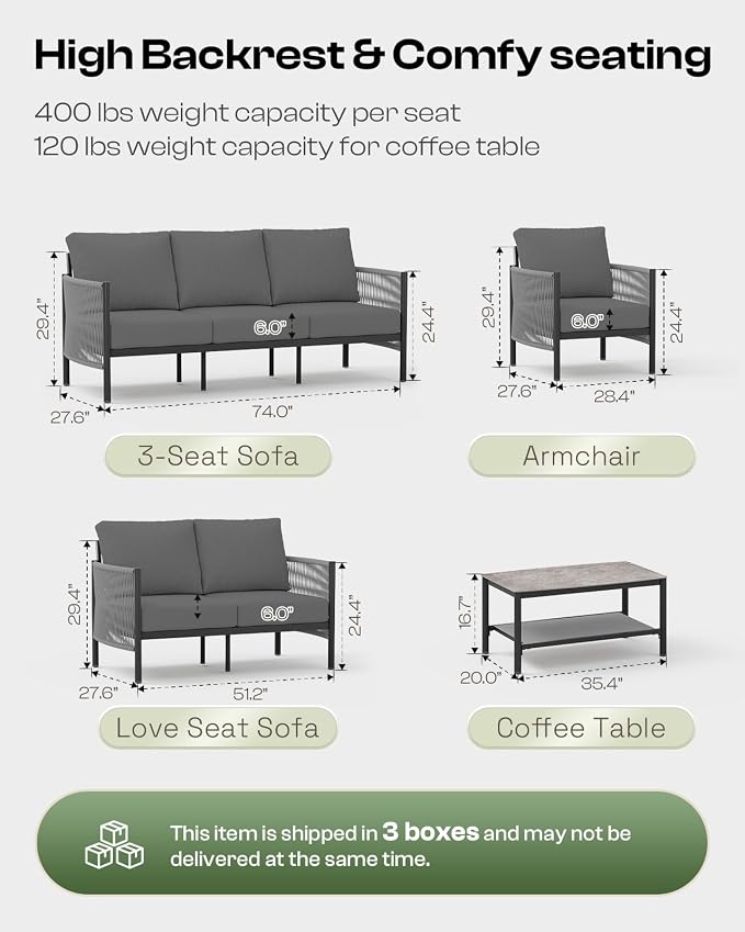 Aluminum Outdoor Patio Furniture Set with Dual-Layer Coffee Table, 4 Piece Modern Patio Conversation Sets with PE Rope, Outdoor Sectional Sofa with Thick Cushions for Balcony, Deck, Charcoal