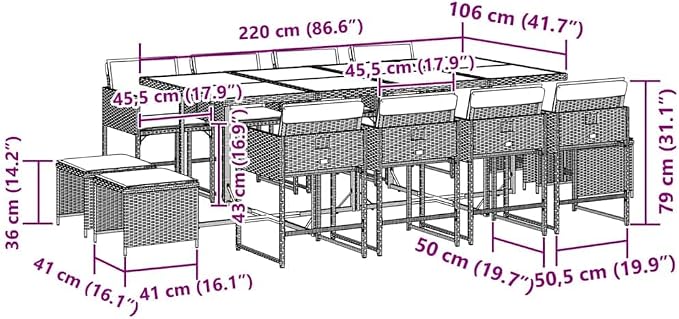Garden Dining Set for 12, Large Rectangular Outdoor Patio Furniture with Solid Acacia Wood Table, Black Poly Rattan Woven Chairs and Cushions for Terrace or Backyard Dining