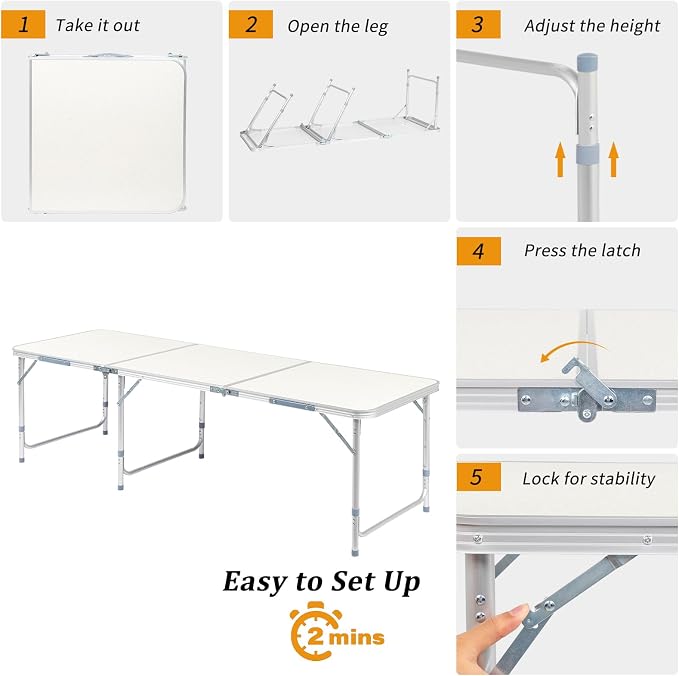 6 Ft Folding Portable Camping Table, Tri-fold Outdoor Picnic Table, Outdoor Camping Kitchen, BBQ, Picnic, Cooking, Beach, Garden, Party (White)