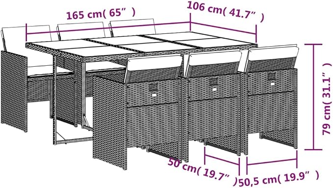 7 Piece Outdoor Patio Dining Set with Cushions Grey Poly Rattan Folding Chairs Tempered Glass Table for Garden Backyard Deck Entertaining 6 Seats