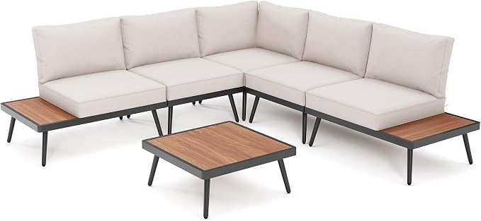 LAUSAINT HOME L-Shaped Outdoor Furniture Set, 6 Pieces PE Rattan Patio Conversation Set, Rustproof Steel Sectional Sofa with Thickened Cushions & Coffee Table for Patio, Garden, Poolside and Balcony