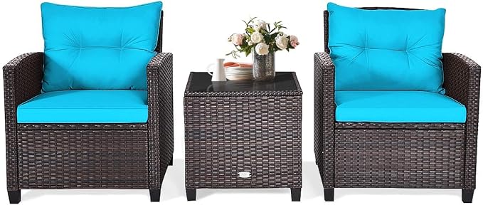 HAPPYGRILL 3 Pieces Patio Conversation Set, Outdoor Furniture Set PE Rattan Sofa Set with Removable Cushions, PE Wicker Chairs with Tempered Glass Side Table for Porch Lawn Garden Balcony Backyard