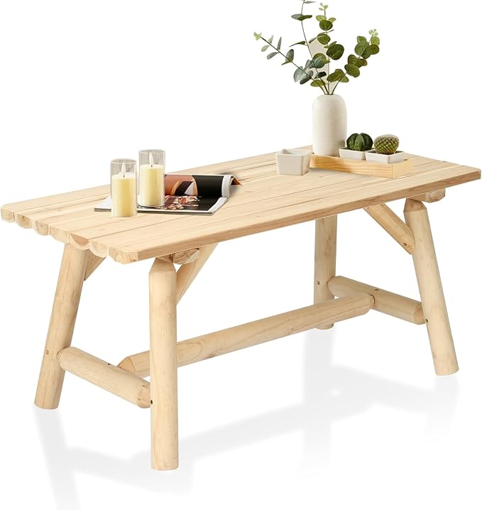HOMEDIARY Wooden Adirondack Log Side Table, Cedar Wood Outdoor Rectangular End Table w/Slatted Tabletop, Oversize 41.5” Indoor Outdoor Patio Side Coffee Table for Garden Patio Backyard Porch, Natural